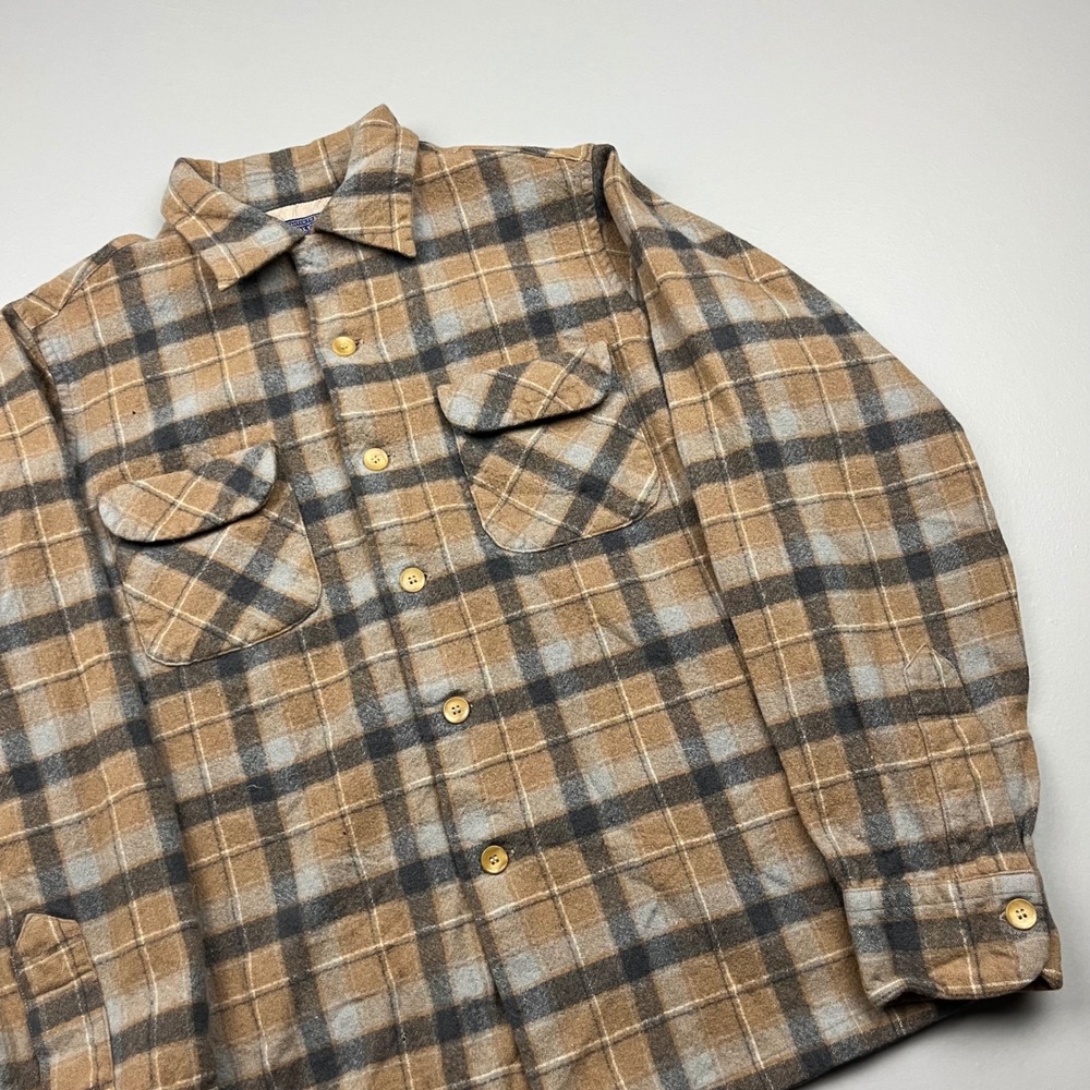 Pendleton Wool Flannel Shirt Kids L Brown Plaid Button Up 50s 60s Loop Collar